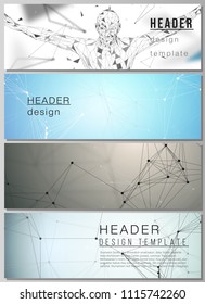 Minimalistic vector editable layout of headers, banner design templates in popular formats. Technology, science, medical concept. Molecule structure, connecting lines and dots. Futuristic background