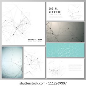 The minimalistic vector editable layouts of modern social network mockups in popular formats. Technology, science, medical concept. Molecule structure, connecting lines and dots. Futuristic background