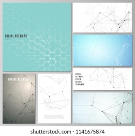 The minimalistic vector editable layouts of modern social network mockups in popular formats. Technology, science, medical concept. Molecule structure, connecting lines and dots. Futuristic background