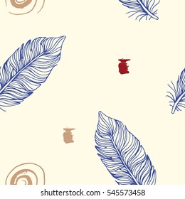 Minimalistic vector ethnic feather seamless pattern. Modern flaky backdrop. Japanese wallpaper. Plumage layout. Light design for your wedding anniversary, birthday card, valentine's day.