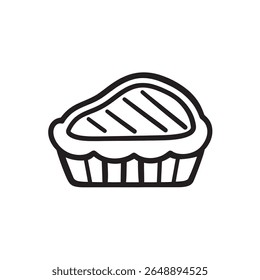 A minimalistic vector features a contour drawing of a pie with a fluted edge and a filling marked by diagonal lines, isolated on white background.