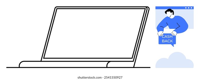 A minimalistic vector featuring an open laptop and a person holding a Cash Back sign in an online promotion frame. Ideal for online shopping, e-commerce, digital marketing, cashback deals