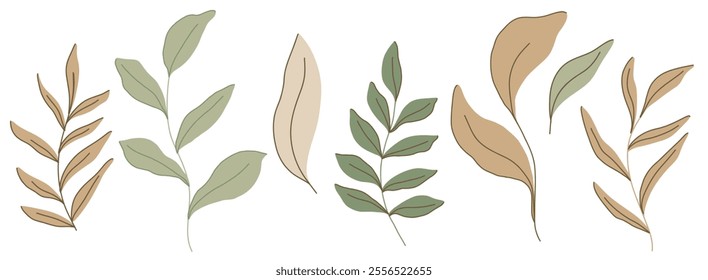 Minimalistic vector flat botanical illustration with various green and beige leaves and branches, showcasing earthy spring vibe. Perfect for nature inspired design projects or eco friendly themes