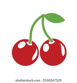 Minimalistic Vector of Fresh Red Cherries with Green Stems and Leaf.