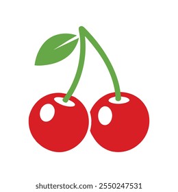 Minimalistic Vector of Fresh Red Cherries with Green Stems and Leaf.