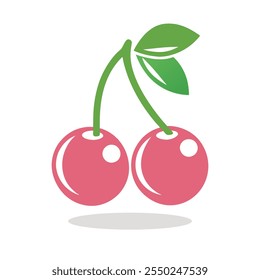 Vetor minimalista de cerejas vermelhas frescas com caules verdes e folha.