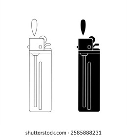 A minimalistic vector of a gas lighter in two styles: outline and silhouette, with a flame on top. Perfect for icons, graphics, or microstock assets.
