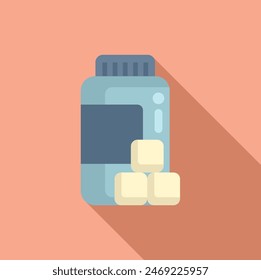 Minimalistic vector graphic depicting a blue medicine bottle with pills on a warm background