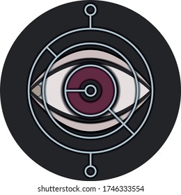 Minimalistic vector green eye icon on a black circle background. Pictogram, future, technology, passport, chipping. Logo or picture for website. Scanning people, retina identification. EPS 10
