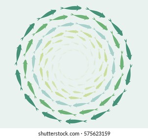 Minimalistic vector green fishes swimming clockwise on green background