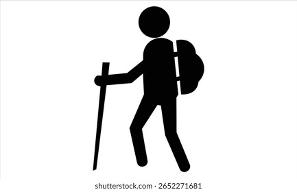 Ícone vetorial minimalista de um caminhante com uma mochila e bengala representando atividades ao ar livre de aventura trekking e viagens Perfeito para turismo de clubes de caminhadas aplicativos e blogs de viagem