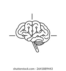 Minimalistic vector icon of a human brain with embedded neural nodes and directional lines, representing artificial intelligence and data analysis. Thin black outline, clean design on white.