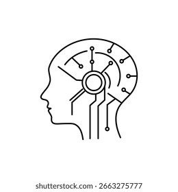 Icono de Vector minimalista de una cabeza humana con líneas de red neuronal, contorno negro delgado, diseño moderno de tecnología de IA, aislado en blanco.