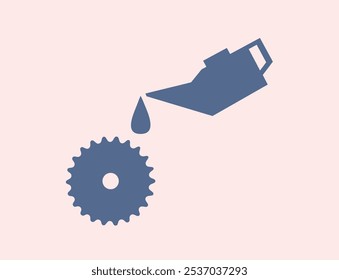 Minimalistic vector icon showing an oil can pouring oil onto a gear. Represents machinery maintenance, lubrication, and industrial care. For concepts of engineering, repair, and mechanical efficiency.