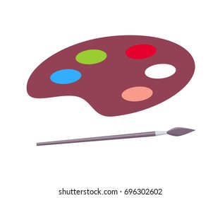 Minimalistic vector illustration of arts supplies namely deep-brown palette with colorful paints and special paintbrush isolated on white background.