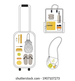 Ilustración vectorial minimalista de las bolsas y las cosas que contienen.