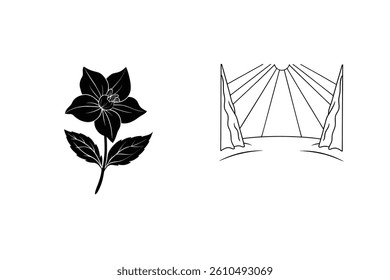 Minimalistic Vector Illustration Of A Black Flower And Sunrise Scenery