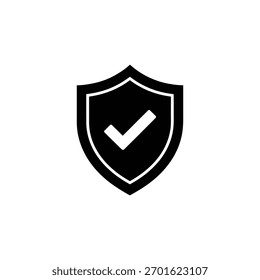 Ilustração vetorial minimalista de um ícone de escudo preto com uma marca de verificação branca proeminente no interior. Simboliza segurança, proteção, verificação e confiança em um design limpo.
