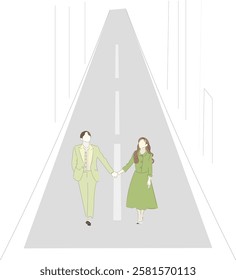 A minimalistic vector illustration of a couple walking on a quiet street, evoking a romantic and serene Korean drama aesthetic