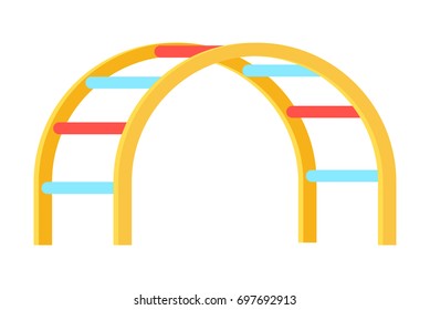 Minimalistic vector illustration depicting colorful curved ladder for children on playground, kind of walkthrough ladder isolated on white background