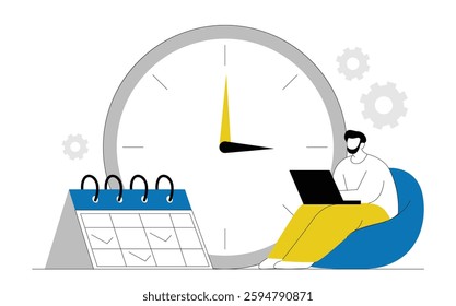 Minimalistic vector illustration depicting a man sitting on a bean bag with a laptop, working efficiently with a large clock in the background, symbolizing time management. The scene includes a calend