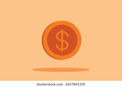Ilustração vetorial minimalista representando uma moeda estilizada com um símbolo de dólar representando temas monetários, financeiros e monetários em um fundo laranja minimalista.