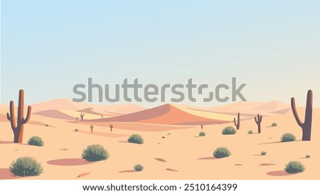 Minimalistic vector illustration of a desert landscape with scattered cacti