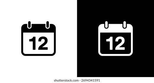 Uma ilustração vetorial minimalista que exibe um ícone de calendário com o número doze realçado. O calendário é apresentado em preto sobre branco e branco sobre preto.