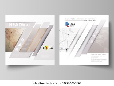 The minimalistic vector illustration of the editable layout of two square format covers design templates for brochure, flyer, magazine. Global network connections, technology background with world map