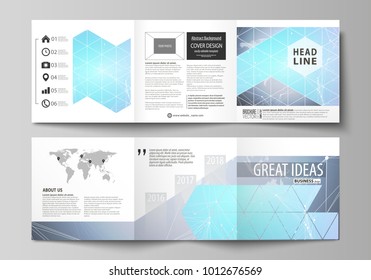 The minimalistic vector illustration of editable layout. Two modern creative covers design templates for square brochure or flyer. Polygonal texture. Global connections, futuristic geometric concept.