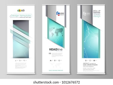 The minimalistic vector illustration of editable layout of roll up banner stands, vertical flyers, flags design business templates. Molecule structure, connecting lines and dots. Technology concept.