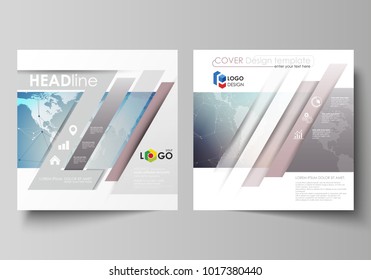 The minimalistic vector illustration of editable layout of two square format covers design templates for brochure, flyer, magazine. Polygonal geometric linear texture. Global network, dig data concept