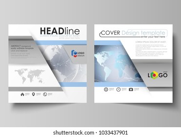 The minimalistic vector illustration of the editable layout of two square format covers design templates for brochure, flyer, magazine. Technology concept. Molecule structure, connecting background.
