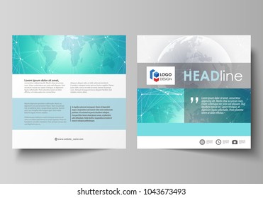 The minimalistic vector illustration of editable layout of two square format covers design templates for brochure, flyer, booklet. Chemistry pattern. Molecule structure. Medical, science background