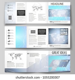 The minimalistic vector illustration of the editable layout. Three creative covers design templates for square brochure or flyer. Polygonal texture. Global connections, futuristic geometric concept.