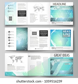 The minimalistic vector illustration of the editable layout. Three creative covers design templates for square brochure or flyer. Chemistry pattern, molecule structure, geometric design background.