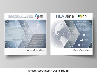 The minimalistic vector illustration of the editable layout of two square format covers design templates for brochure, flyer, booklet. Abstract futuristic network shapes. High tech background.