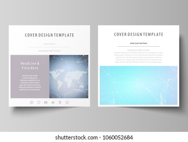 The minimalistic vector illustration of editable layout of two square format covers design templates for brochure, flyer, magazine. Polygonal texture. Global connections, futuristic geometric concept.