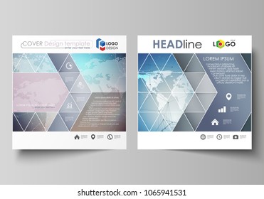 The minimalistic vector illustration of editable layout of two square format covers design templates for brochure, flyer, booklet. Polygonal geometric linear texture. Global network, dig data concept.