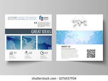 The minimalistic vector illustration of the editable layout of two square format covers design templates for brochure, flyer, booklet. World map on blue, geometric technology design, polygonal texture