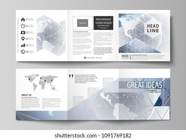 The minimalistic vector illustration of the editable layout. Two modern creative covers design templates for square brochure or flyer. Technology concept. Molecule structure, connecting background.