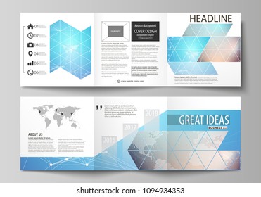 The minimalistic vector illustration of the editable layout. Two modern creative covers design templates for square brochure or flyer. Molecule structure. Science, technology concept. Polygonal design