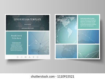 The minimalistic vector illustration of the editable layout of two square format covers design templates for brochure, flyer, magazine. Chemistry pattern, connecting lines and dots. Medical concept.