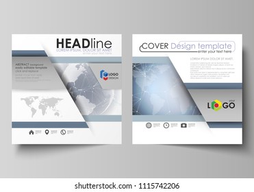 The minimalistic vector illustration of the editable layout of two square format covers design templates for brochure, flyer, magazine. Abstract futuristic network shapes. High tech background.