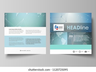 The minimalistic vector illustration of the editable layout of two square format covers design templates for brochure, flyer, booklet. Chemistry pattern, connecting lines and dots. Medical concept.