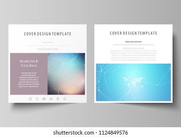 The minimalistic vector illustration of editable layout of two square format covers design templates for brochure, flyer, magazine. Molecule structure. Science, technology concept. Polygonal design.