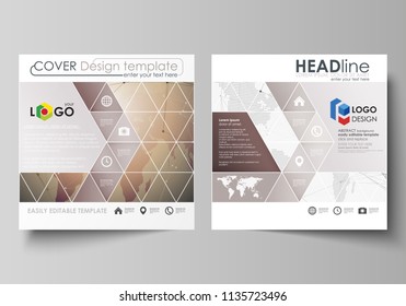 The minimalistic vector illustration of the editable layout of two square format covers design templates for brochure, flyer, booklet. Global network connections, technology background with world map.