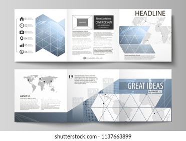 The minimalistic vector illustration of the editable layout. Two modern creative covers design templates for square brochure or flyer. World globe on blue. Global network connections, lines and dots.