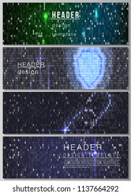 The minimalistic vector illustration of the editable layout of headers, banner design templates. Binary code background. AI, big data, coding or hacker concept, digital technology background.