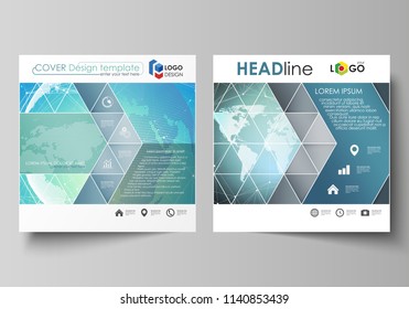 The minimalistic vector illustration of editable layout of two square format covers design templates for brochure, flyer, booklet. Chemistry pattern, molecule structure, geometric design background.